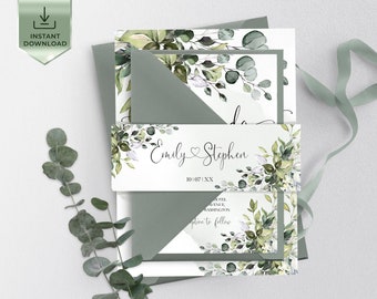 AMELIA - Eucalyptus Belly Band Template for Wedding Invitation, Editable Greenery Shower Belly Band, Printable Wedding Bellyband