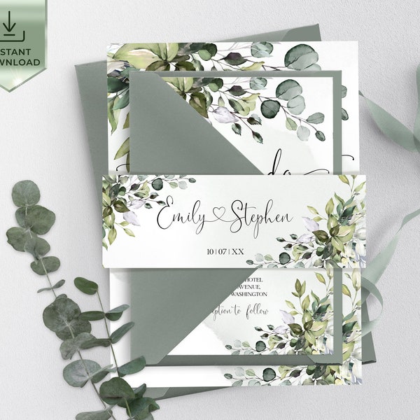 AMELIA - Eucalyptus Belly Band Template for Wedding Invitation, Editable Greenery Shower Belly Band, Printable Wedding Bellyband