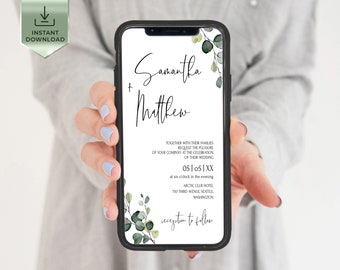 Digital Invitation Template, Greenery Smartphone Evite, Eucalyptus iPhone Invitation Download, Mobile Invite, Digital invitation | EVA