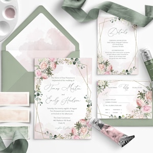 Wedding Invitation Set Template with Watercolor soft blush pink Flowers, Floral, Editable, Printable Bundle For Home Printing, Invites Suete