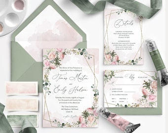 Wedding Invitation Set Template with Watercolor soft blush pink Flowers, Floral, Editable, Printable Bundle For Home Printing, Invites Suete