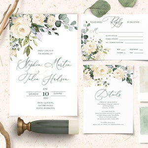 MIA Creamy Rose Wedding Invitation Suite Template, White Flowers Wedding Invites, Greenery Floral, Printable Bundle, Creamy Rose Invites