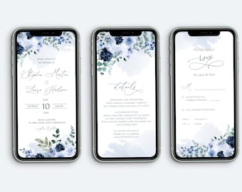 Modèle d'invitation électronique bleu clair MRIA, détails d'évitement modifiables fleurs bleu marine et Rsvp, évitement de smartphone, SMS mobile, en ligne