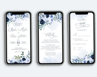 Modèle d'invitation électronique bleu clair MRIA, détails d'évitement modifiables fleurs bleu marine et Rsvp, évitement de smartphone, SMS mobile, en ligne