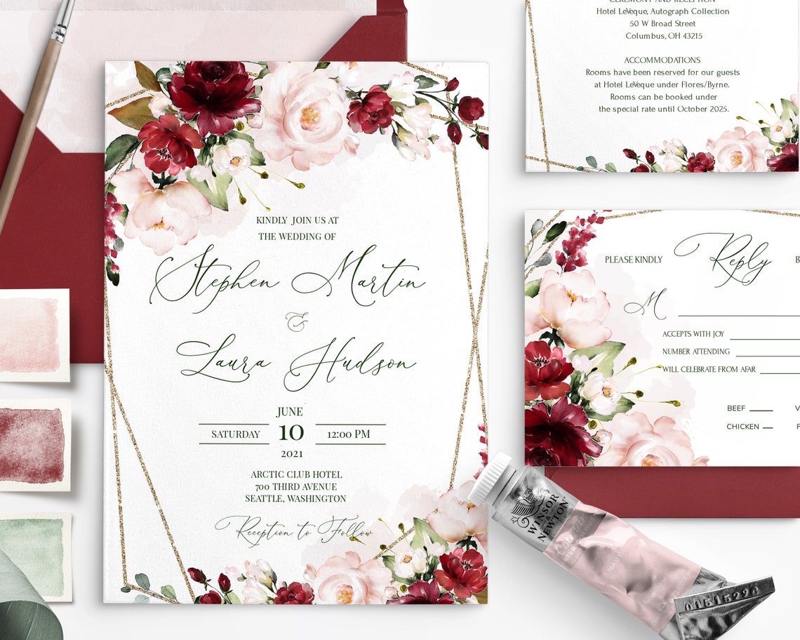 ARLETH Burgundy and Soft Pink Wedding Invitation Set Template image 1
