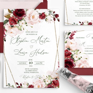 ARLETH Burgundy and Soft Pink Wedding Invitation Set Template, Geometric Burgundy blush pink Flowers Printable invites Bundle, Floral