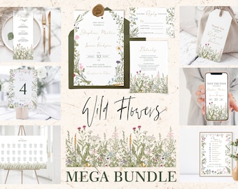 WILDFLOWERS Wedding Invitation Mega bundle Template, Floral, Rustic, Greenery, INSTANT Download, Editable, Printable, Diy