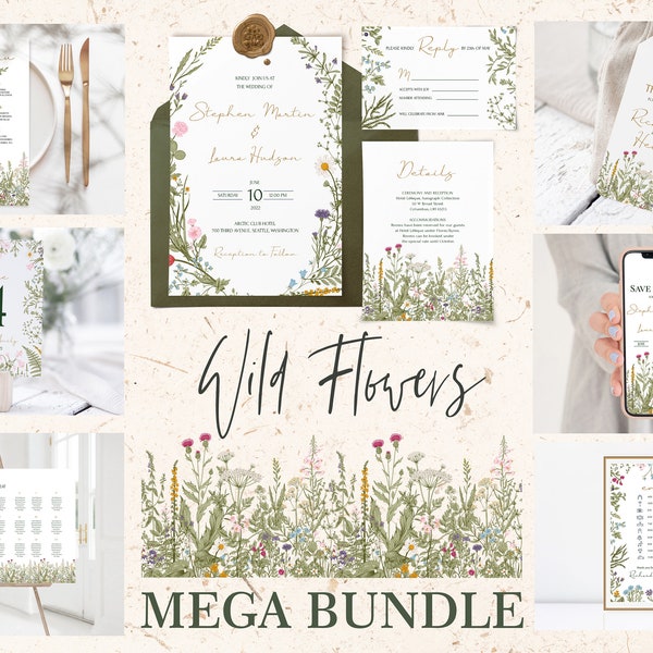 WILDFLOWERS Wedding Invitation Mega bundle Template, Floral, Rustic, Greenery, INSTANT Download, Editable, Printable, Diy