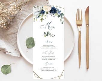 Modèle de menu de mariage modifiable OCEAN, téléchargement du menu de mariage bleu marine, téléchargement instantané, menu de mariage géométrique imprimable, floral, fleur