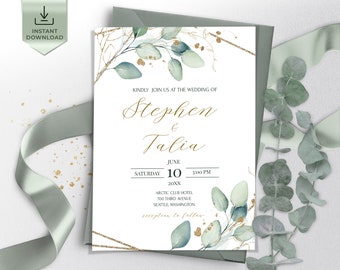 Editable Wedding Invitation Template Watercolor Eucalyptus | Printable Greenery Wedding Invites | INSTANT Download | Diy | VESNA