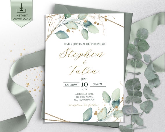 Editable Wedding Invitation Template Watercolor Eucalyptus.
