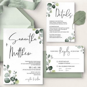 Minimalist Wedding Invitation Suite Template, Greenery Wedding Invites Bundle, Printable Wedding invitation Set, Instant download DIY EVA image 1