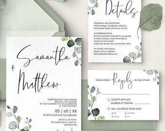 Minimalist Wedding Invitation Suite Template, Greenery Wedding Invites Bundle, Printable Wedding invitation Set, Instant download DIY | EVA