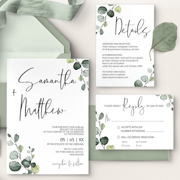 Minimalist Wedding Invitation Suite Template, Greenery Wedding Invites Bundle, Printable Wedding invitation Set, Instant download DIY | EVA