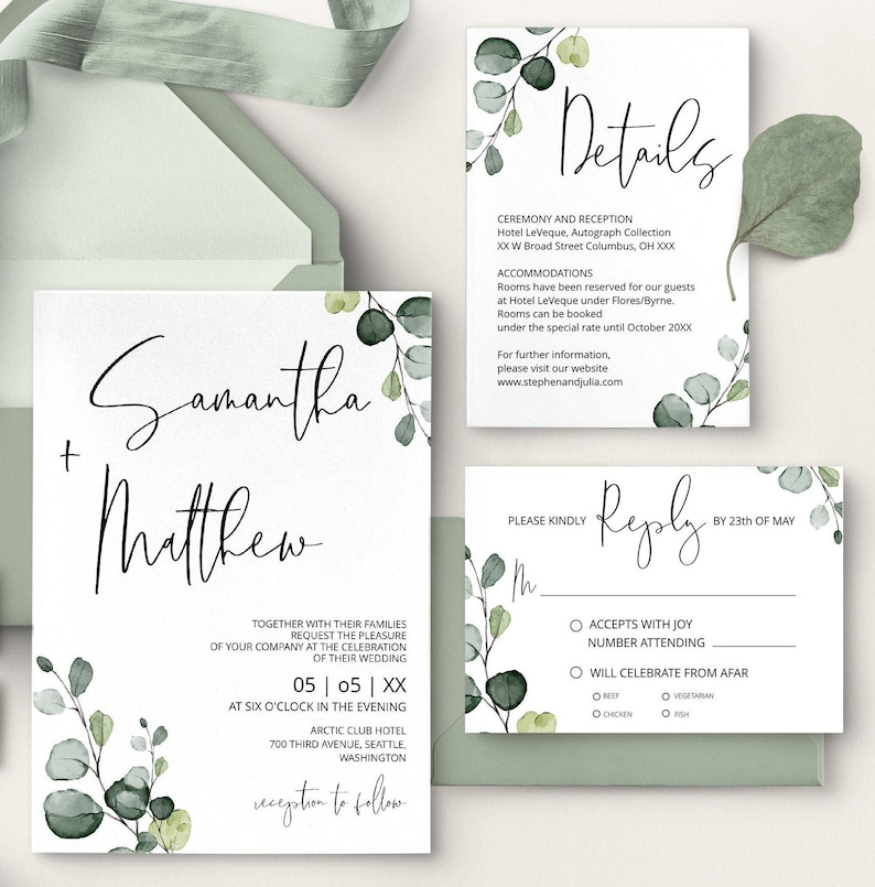 Minimalist Wedding Invitation Suite Template, Greenery Wedding Invites Bundle, Printable Wedding invitation Set, Instant download DIY EVA image 1