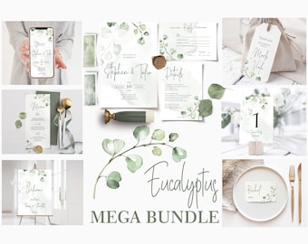 Hochzeit Mega Bundle Vorlage, Minimal Greenery Eukalyptus Hochzeit Einladen Set Sofortiger Download, bearbeitbar, druckbar, Diy | FREYJA
