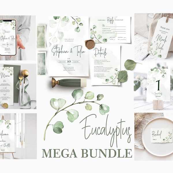 Wedding Mega bundle Template, Minimal Greenery Eucalyptus Wedding Invite Set Instant Download, Editable, Printable, Diy | FREYJA