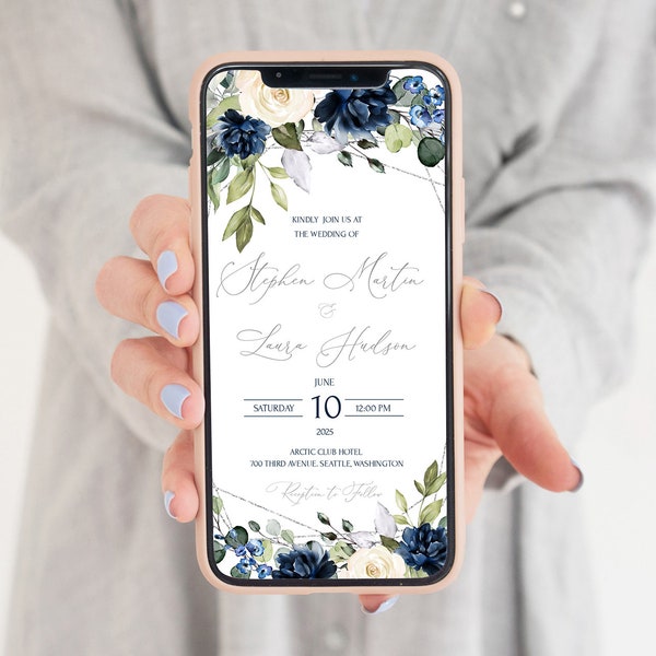 VIDA Electronic Invitation Blue Navy, Silver Geometric iPhone Evite, Blue Flowers Digital Template, Floral Mobile Invite, Smartphone SMS