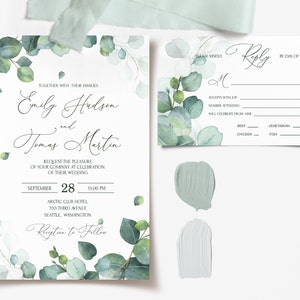 CHLOE Editable Wedding Invitation and Rsvp card Template with Watercolor Eucalyptus, Greeny, INSTANT Download, Printable, Diy