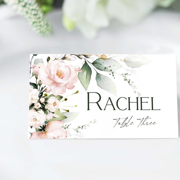 BLUSH Soft Pink Place card Template, Floral Editable Wedding Table seat card Download, Printable Name card, INSTANT DOWNLOAD