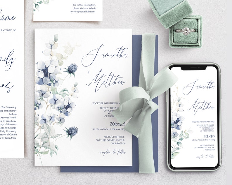 BLUEBERRY Wedding Invitation Template Set with Light Blue image 1