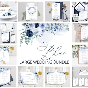 MRIA Wedding Invitation Mega bundle Template with Light Blue Flowers, Floral wedding suite, INSTANT Download, Editable, Printable, Diy,