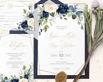 OCEAN Wedding Invitation Template Set with Watercolor Blue Navy Creamy flowers, INSTANT Download, Editable, Printable Geometric invites