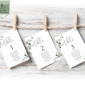 Minimalist Seating Chart Template, Eucalyptus Table Seating Chart Card, Printable Seating Plan, Hanging Greenery Seating Chart Wedding EVA image 3