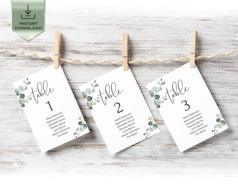 Minimalist Seating Chart Template, Eucalyptus Table Seating Chart Card, Printable Seating Plan, Hanging Greenery Seating Chart Wedding EVA image 3