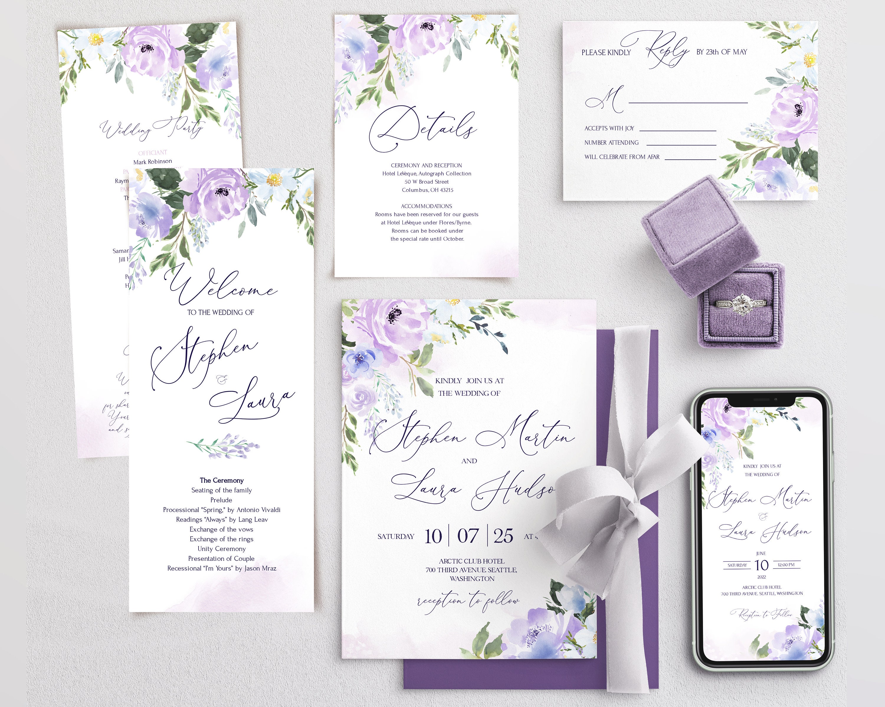 LILAC Floral Wedding Invitation Set Template Amethyst Orchid Etsy