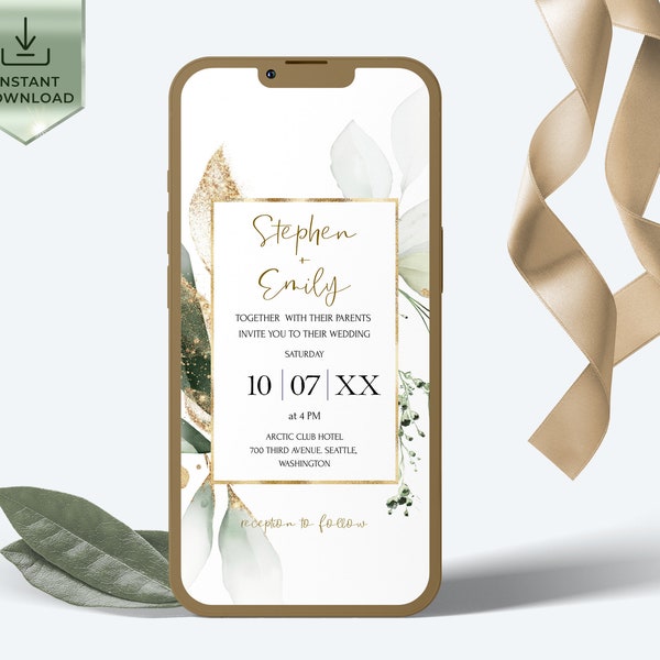 ISABELLA - Eucalyptus Electronic Invitation Template, Greenery iPhone Evite, Greenery & Gold Digital Invitation, Mobile Invite, Smartphone