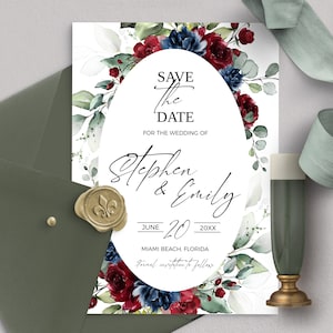 ROSA Burgundy and Blue Navy Save The Date Template, Editable Burgundy Flowers Save the Date Digital Download, Eucalyptus, diy