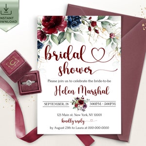 ROSA Burgundy and Blue Navy Bridal Shower invitation Template, Floral Editable Bridal Shower, Digital Download, Merlot Printable Bridal