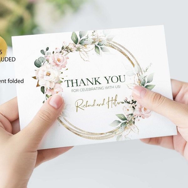 BLUSH Pink Thank you card Template, Printable Soft Pink Wedding Thank you card Download, Editable Floral wedding thank you card, Gold