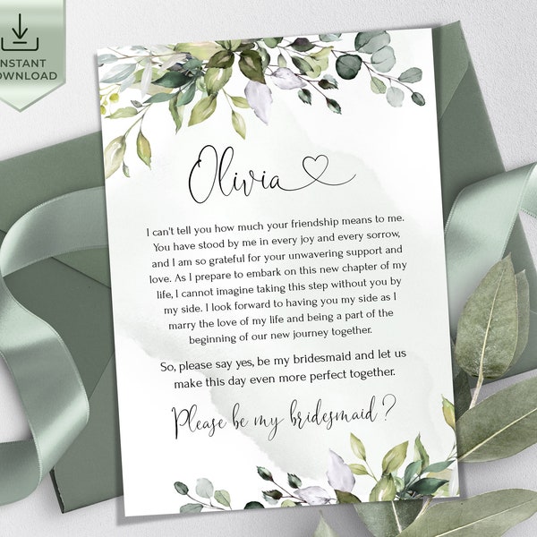 AMELIA - Greenery Bridesmaid Template Card, Bridesmaids Proposition Template Download, Bridal Party Template, Will You Be My Maid of Honor Card