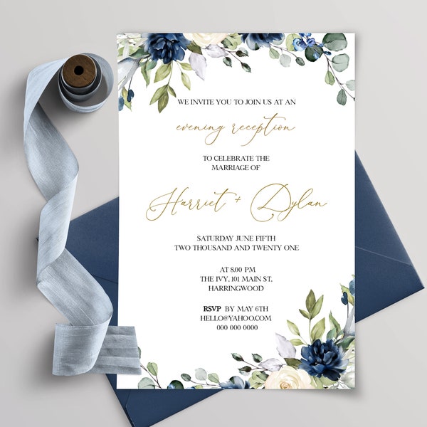 OCEAN Blue Navy Evening Wedding Reception Party Invitation Template, Printable Wedding Reception Guest, Editable, INSTANT Download, Floral,