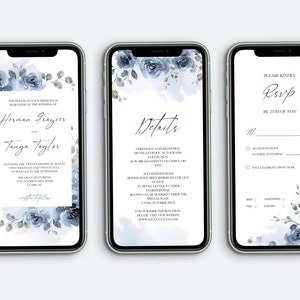 SKYLA Dusty Blue Electronic Invitation Template, Editable Blue Flowers Evite Details and Rsvp Downlaod, Smartphone Evite, Mobile SMS, Online