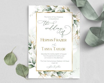 ROYALTY Eucalyptus and Gold Frame Wedding Invitation Template, Greenery  Printable Invite Download, Editable, INSTANT Download, Diy