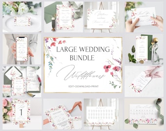 CLOVER Wedding Invitation Mega bundle Template with Watercolor Wildflowers and Gold Frame, Floral, INSTANT Download, Editable, Printable Diy
