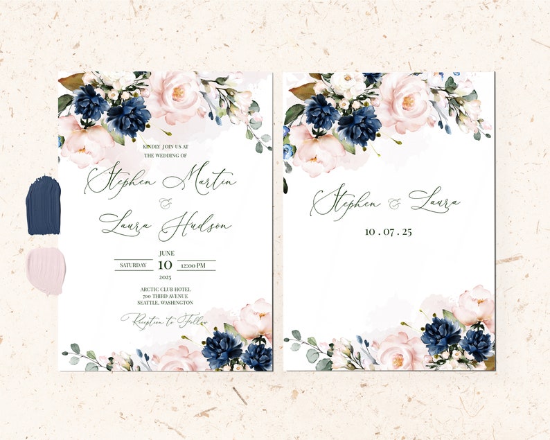 Faire-part de mariage HARPER bleu marine et rose pâle et modèle Rsvp, Invitations imprimables de fleurs bleu marine et rose pâle à télécharger Rsvp, Floral image 2