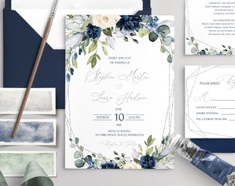 VIDA Blue Navy and Silver Geometric  Wedding Invitation Set Template, Blue Navy Flowers Printable invites Bundle, Floral, Editable