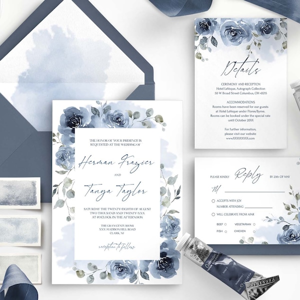 SKYLA - Dusty Blue and Blue Navy Wedding Invitation Bundle Template,  Light Blue Wedding set Download, Floral, Printable, Editable and Diy