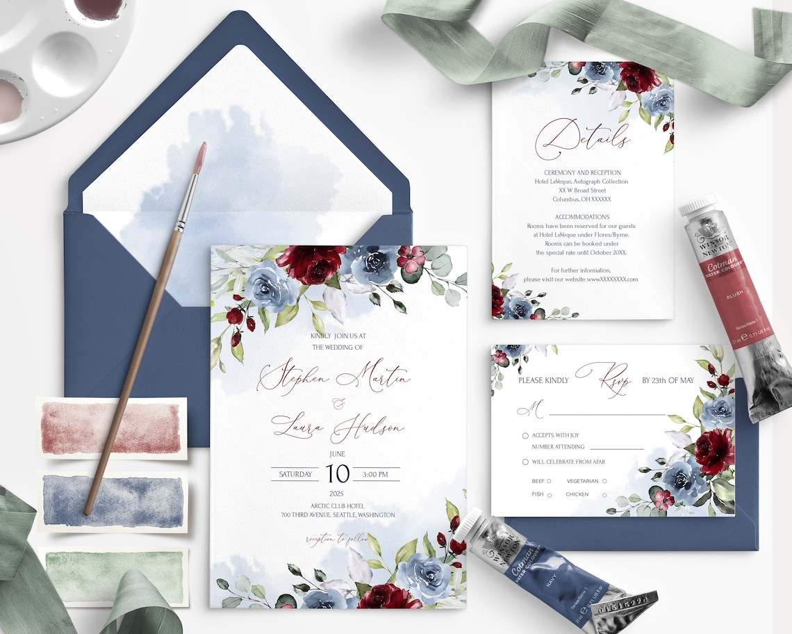 DELLA Burgundy and Dusty Blue Wedding Invitation Set Template image 1