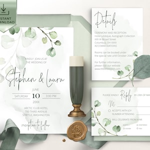 FREYJA Eucalyptus Wedding Bundles, Greenery Wedding Invitation Template, Editable Invitation Set, Printable Invites Suite, instant download