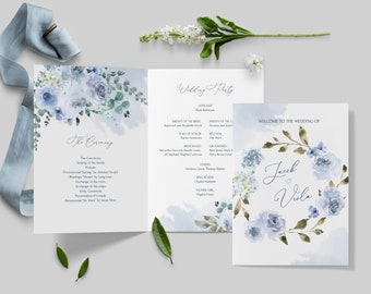 Modèle de programme de mariage bleu clair ELIA, programme de mariage plié, modèle de cérémonie bleu imprimable, ordre de cérémonie de programme plié, bricolage