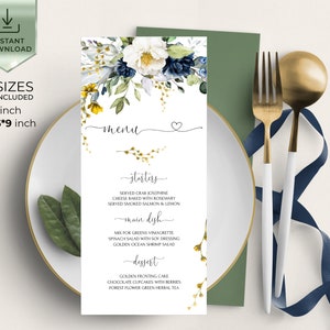 EVELYN - Spring flowers Wedding Menu Template, Blue Yellow Menu Download, Editable Floral Menu, INSTANT DOWNLOAD, Diy