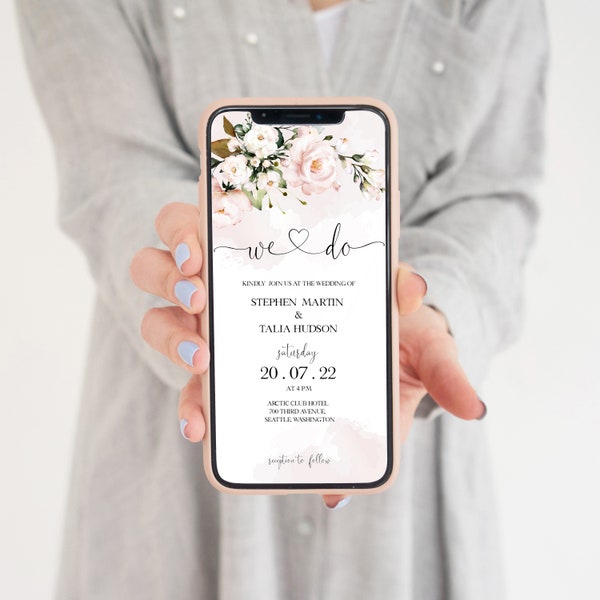 AVA Soft Pink Electronic Invitation Template, Blush Pink  iPhone Evite, Floral invite Download, Mobile Invite, Instant Download, Smartphone