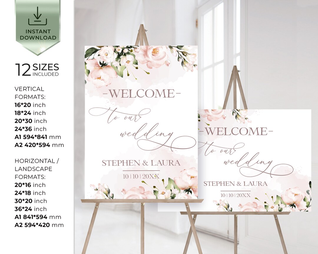 Wedding Welcome Sign Template Watercolor Blush Pink Flowers, Floral ...