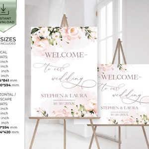 Wedding Welcome Sign Template Watercolor Blush Pink Flowers, Floral, Custom Sign, INSTANT Download, Editable, Printable and Charming, AVA