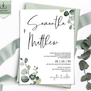 Greenery Wedding Invitation | Minimalistic Eucalyptus Wedding Invites Template , Download Wedding Invite, Editable, Printable Diy | EVA